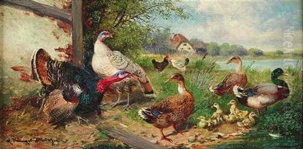 Enten Und Truthahne An Einem Weiher Oil Painting by Max Josef Haenger Sr.
