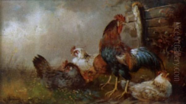 Huhnerhof Oil Painting by Max Josef Haenger Sr.