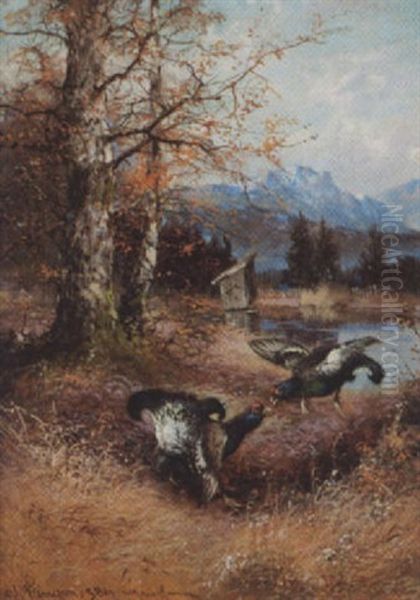 Kampfende Auerhahne Oil Painting by Max Josef Haenger Sr.