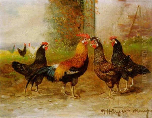 Huhnerhof Oil Painting by Max Josef Haenger Sr.