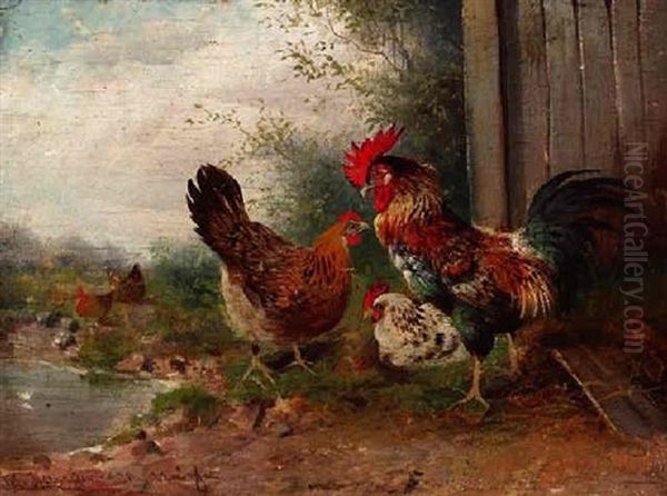 Huhnerhof Oil Painting by Max Josef Haenger Sr.