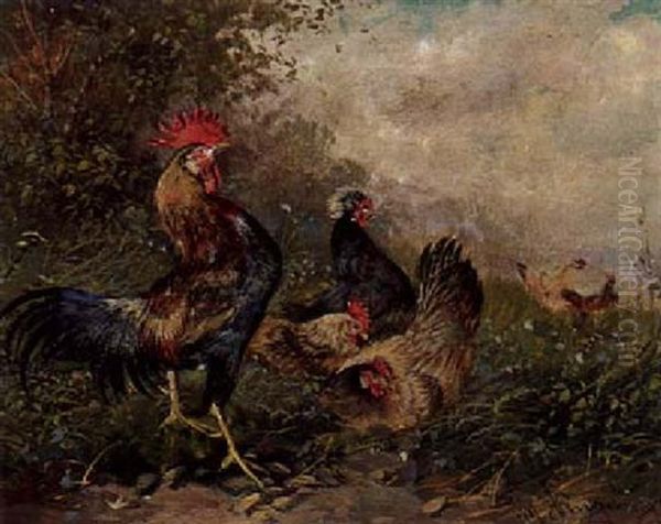 Hahn Und Huhner Oil Painting by Max Josef Haenger Sr.