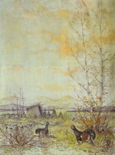 Balzende Birkhahne Auf Einer Wiese In Voralpenlandschaft Oil Painting by Max Josef Haenger Sr.