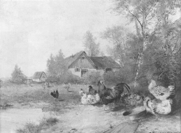 Huhnerhof Am Dorfsee Oil Painting by Max Josef Haenger Sr.