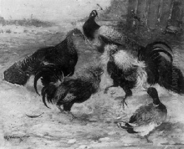 Truthahn, Pfau, Hahne Und Erpel Oil Painting by Max Josef Haenger Sr.