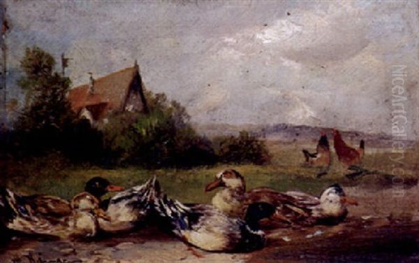 Enten Am Teich Oil Painting by Max Josef Haenger Sr.