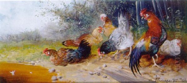 Hahn Mit Huhnern An Einem Kleinen Teich Oil Painting by Max Josef Haenger Sr.