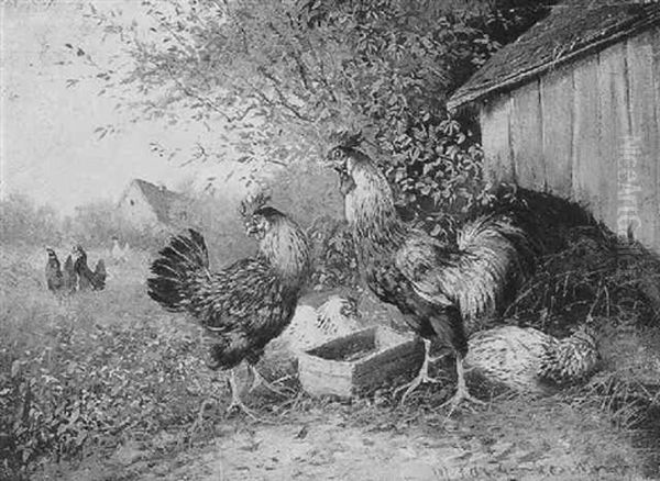 Huhnerfamilie Oil Painting by Max Josef Haenger Sr.