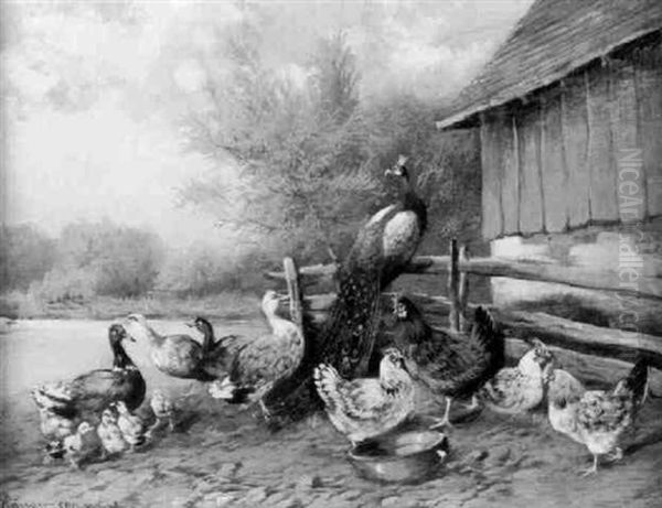 Huhner Und Enten An Einem Weiher Oil Painting by Max Josef Haenger Sr.