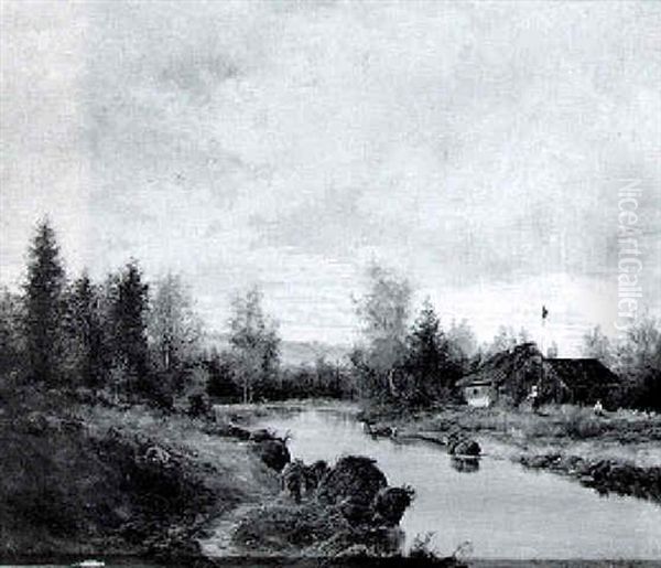 Bauerngehoft In Waldlandschaft Oil Painting by Max Josef Haenger Sr.
