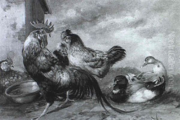 Huhner Und Enten Am Gemeinsamen Futtertrog Oil Painting by Max Josef Haenger Sr.