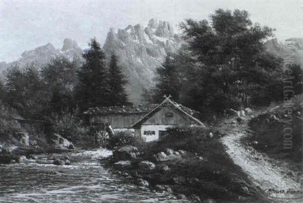 Muhle Am Gebirgsbach Oil Painting by Max Josef Haenger Sr.