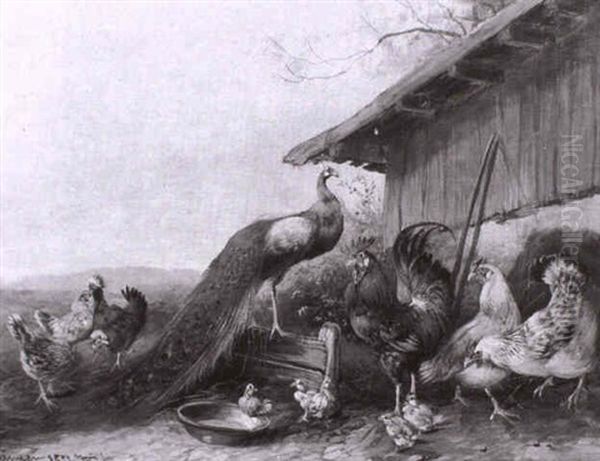 Hahn, Huhner, Kuken Und Pfau Vor Dem Stallgebaude Oil Painting by Max Josef Haenger Sr.