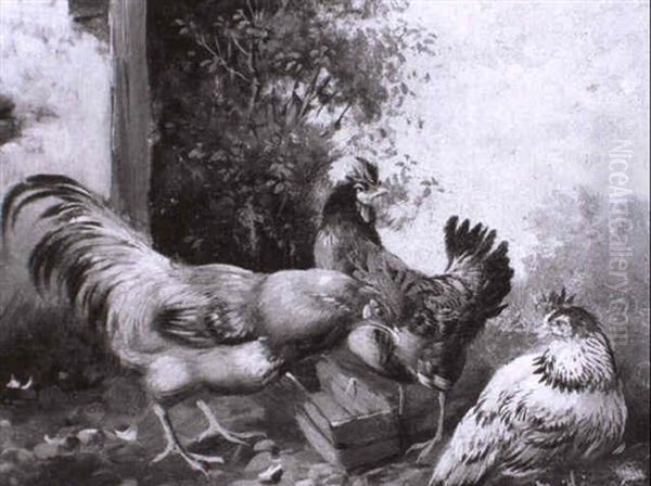 Hahn Und Zwei H_hner Am Futtertrog Vor Dem Stall Oil Painting by Max Josef Haenger Sr.