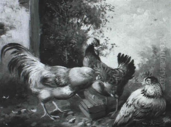 Huhnerhof Oil Painting by Max Josef Haenger Sr.