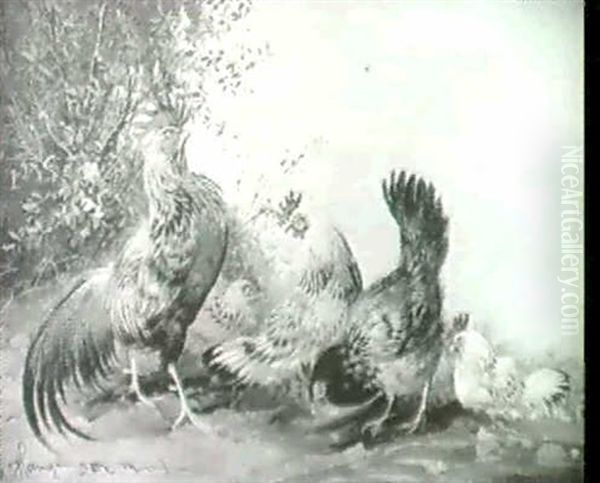 Huhnerhof Mit Italienerhahn Und Vier Hennen Auf Einem       Sandplatz Vor Strauchern. Oil Painting by Max Josef Haenger Sr.