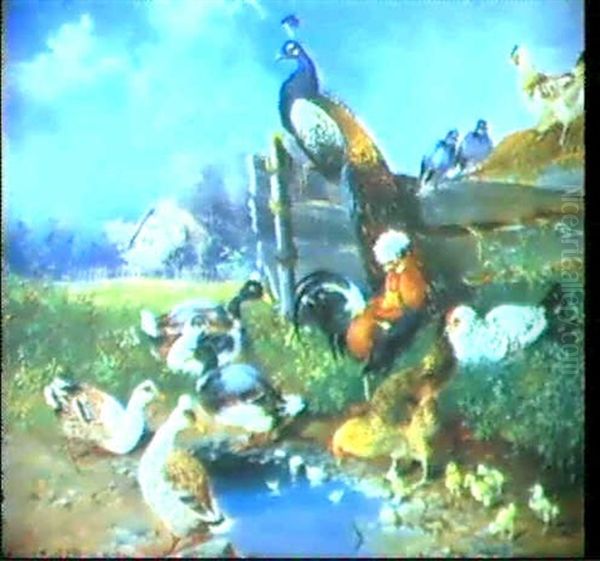 Huhnervolk Oil Painting by Max Josef Haenger Sr.