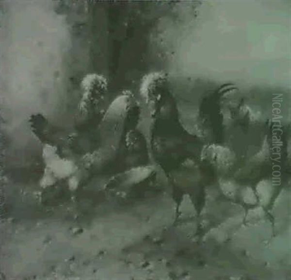 Huhnerhof Mit Italienerhahn Und Vier Hennen Auf Einem       Sandplatz Vor Einer Scheune Oil Painting by Max Josef Haenger Sr.