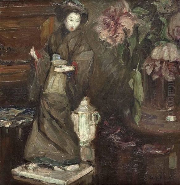 Blumenstillleben Mit Japanischer Porzellanfigur Oil Painting by Alois Hanisch