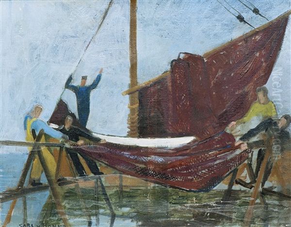 Fiskere Torker Garn Oil Painting by Carl Von Hanno