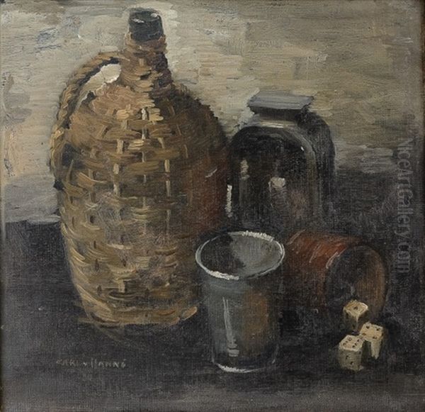 Dice, Bottles And Glass Oil Painting by Carl Von Hanno
