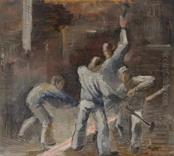 Workers With Sledgehammer Oil Painting by Carl Von Hanno