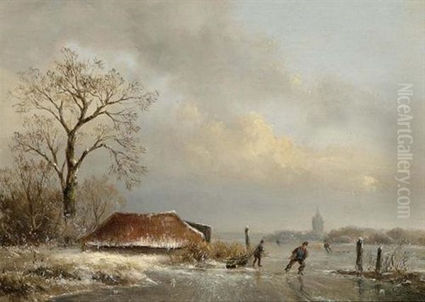 Skaters On A Frozen Waterway Oil Painting by Josefus Gerardus Hans