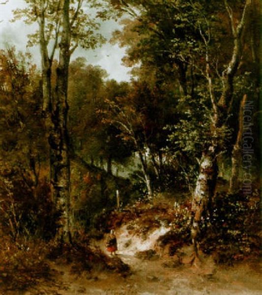 A Peasant Woman On A Path In A Wooded Landscape Oil Painting by Josefus Gerardus Hans