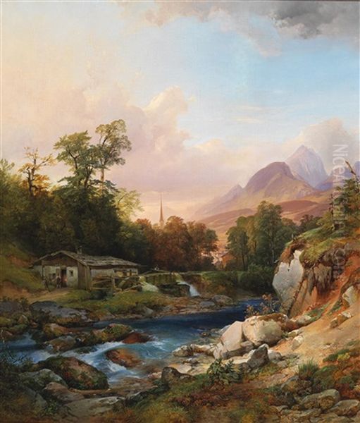 A Mountain Landscape With A Smithy Oil Painting by Anton Hansch