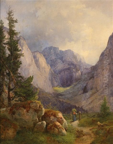 Almtal Mit Blick Auf Den Grimming (steiermark) Oil Painting by Anton Hansch
