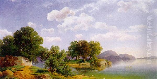 Malerisches Uferstuck Mit Blick Uber Spiegelndes Gewasser Oil Painting by Anton Hansch