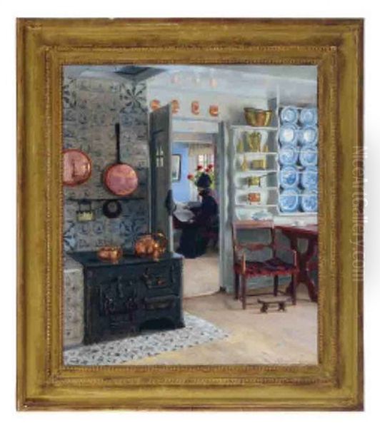 Interior Kitchen Scene With A Woman Reading The Paper Oil Painting by Adolf Heinrich Claus Hansen