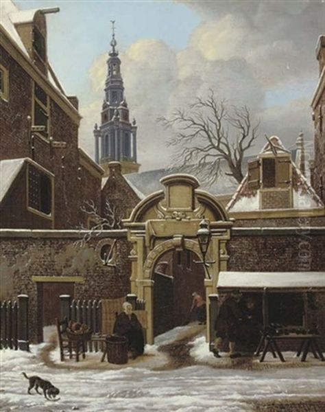 Traders In The Snow, And An Amsterdam Street Oil Painting by Carel Lodewijk Hansen