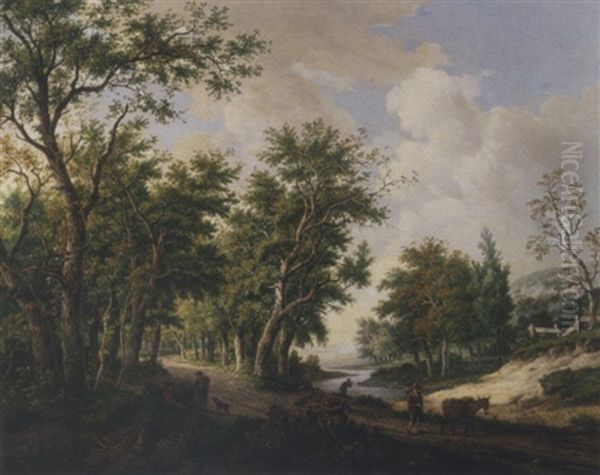 A Wooded Landscape With Travellers Conversing By The Edge Of A Forest, Another Traveller With His Mule On A Path Oil Painting by Carel Lodewijk Hansen