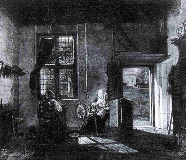 A Shoe-maker And A Spinster In An Interior Oil Painting by Carel Lodewijk Hansen