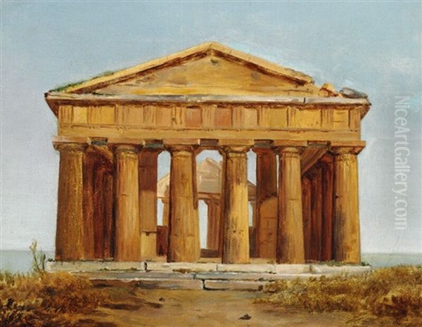 View Of The Temple Of Ceres/athena At Paestum Oil Painting by Constantin Hansen