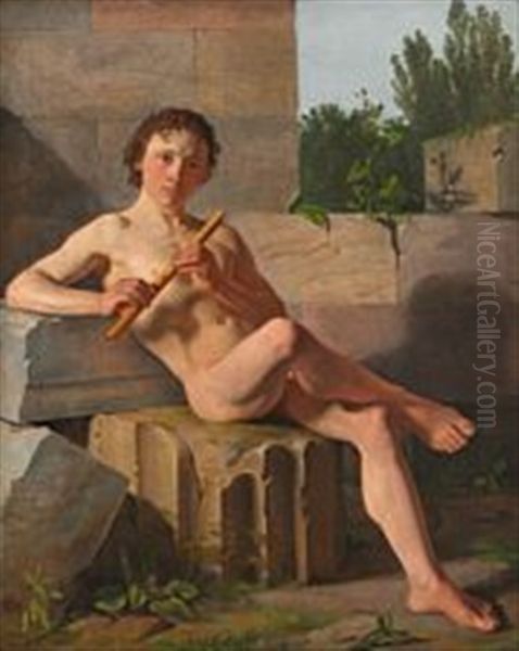 Seated Flute-playing Young Man Oil Painting by Constantin Hansen