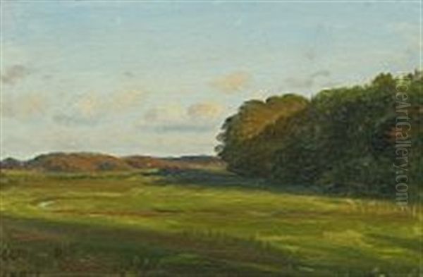 A Meadow With A Forest In The Middle Distance Oil Painting by Constantin Hansen
