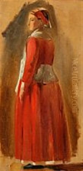 Study Of An Italian Woman Wearing A Red Dress Oil Painting by Constantin Hansen
