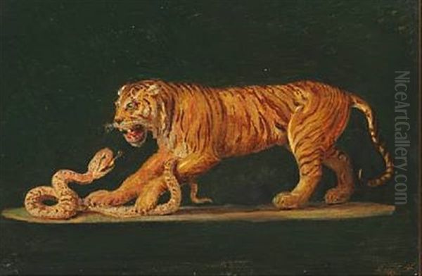 En Tiger I Kamp Med En Slange Oil Painting by Constantin Hansen