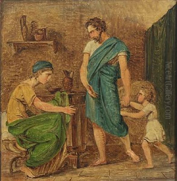 En Mand Forer Et Barn Hen Til En Kvinde Oil Painting by Constantin Hansen