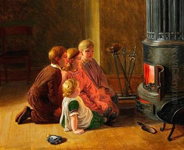 Born, Som Morer Sig Ved At Betragte Ilden I Stueovnen Oil Painting by Constantin Hansen
