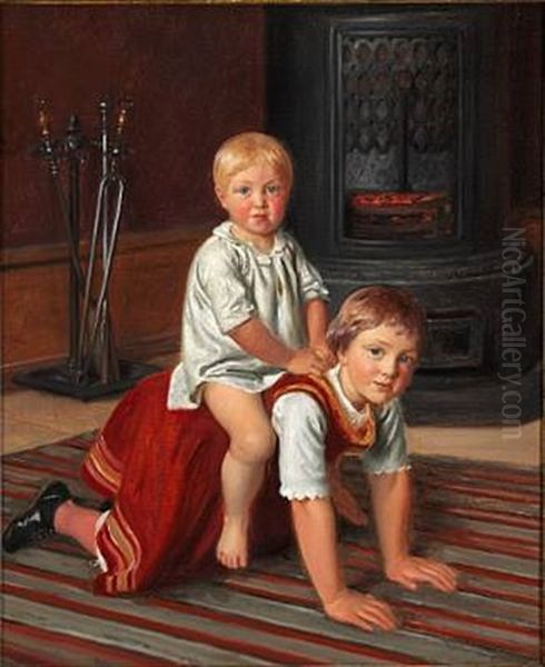To Born (elise Og Og Signe Konstantin H.) Leger Foran En Kakkelovn - Det Ene Rider Paa Det Andets Ryg Oil Painting by Constantin Hansen