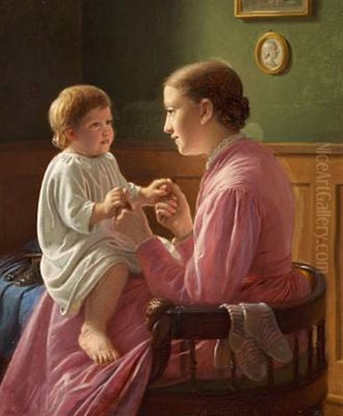 From The Painter's Home, Thora C. H. Dandles On Her Sister Signe's Lap Oil Painting by Constantin Hansen
