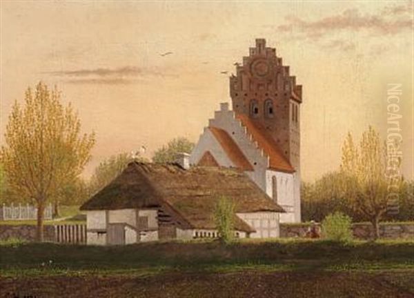 Kvaerkeby Kirke. Aften Oil Painting by Constantin Hansen