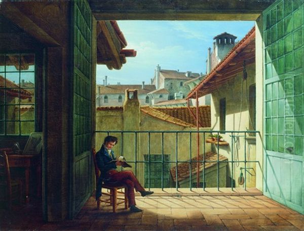 Junger Kunstler In Seinem Atelier Uber Den Dachern Roms Oil Painting by Constantin Hansen