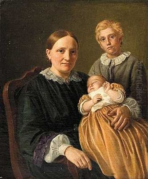 Kunstnerens Hustru Med Et Sovende Barn Og En Dreng Staaende Bag Sin Stol Oil Painting by Constantin Hansen