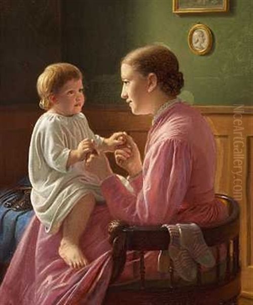 En Huslig Scene. Thora C. H. Rider Ranke Paa Signe C. H.s Skod Oil Painting by Constantin Hansen