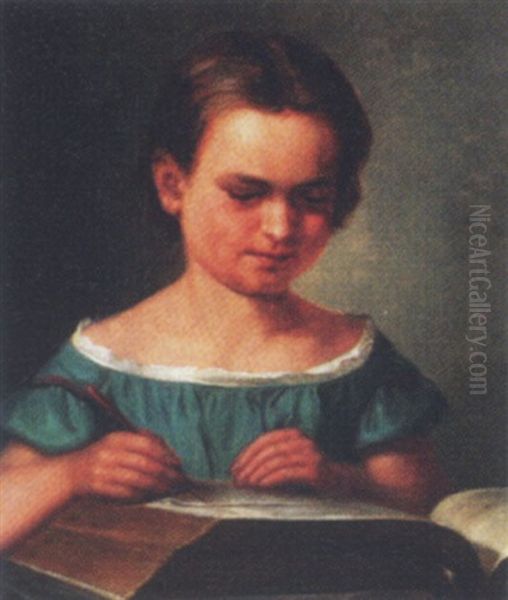 Portraet Af Siddende Lille Pige, Der Gor Notater I Bog Oil Painting by Constantin Hansen