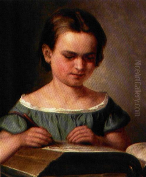 En Lille Pige Med En Stor Bog Oil Painting by Constantin Hansen